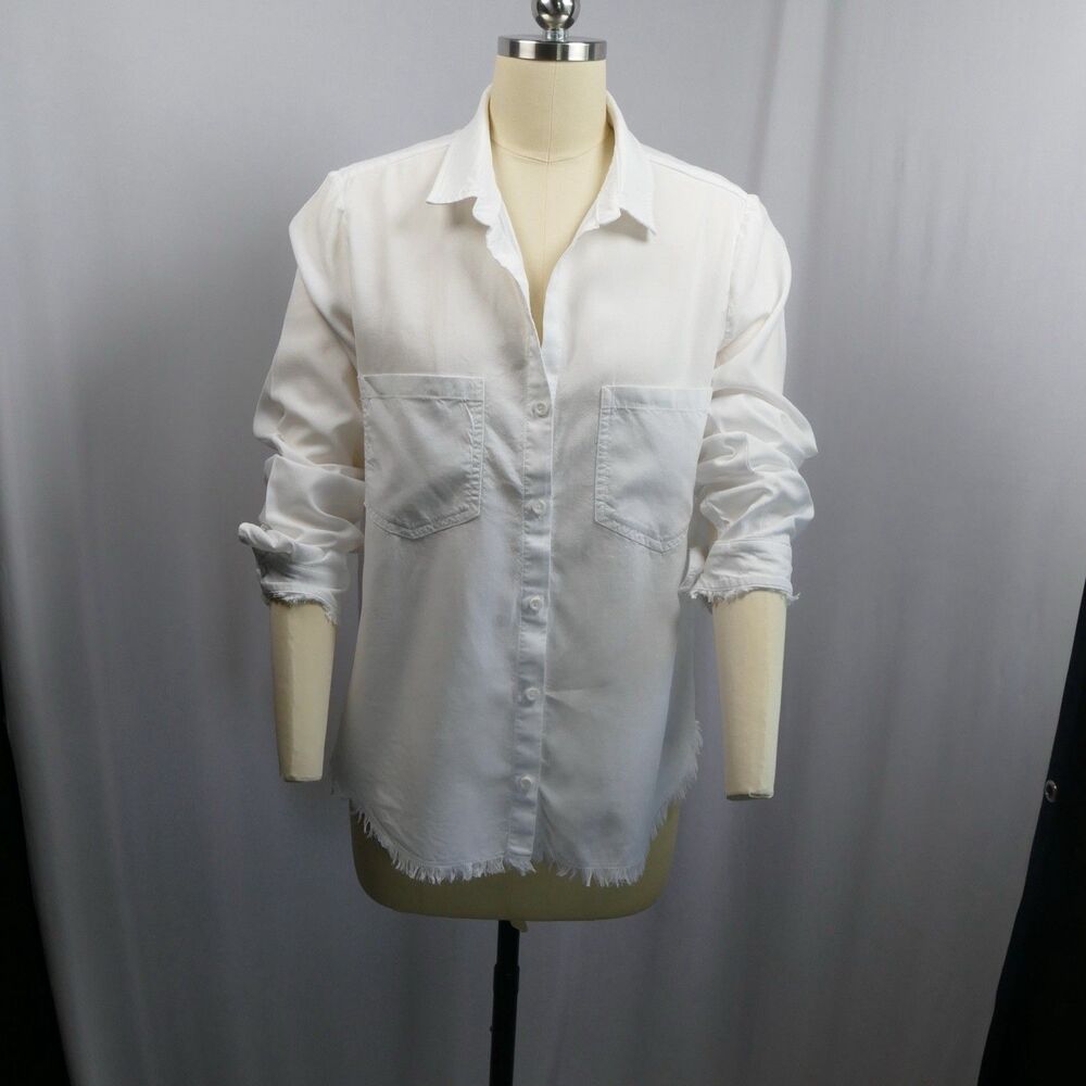Cloth & Stone White Button Front Shirt M Frayed Hem Utility Pocket Anthropologie